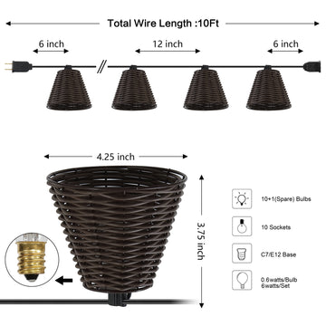 Payton 10-Light Indoor/Outdoor 10 ft. Classic Cottage Incandescent G40 Faux-Rattan Shaded String Lights